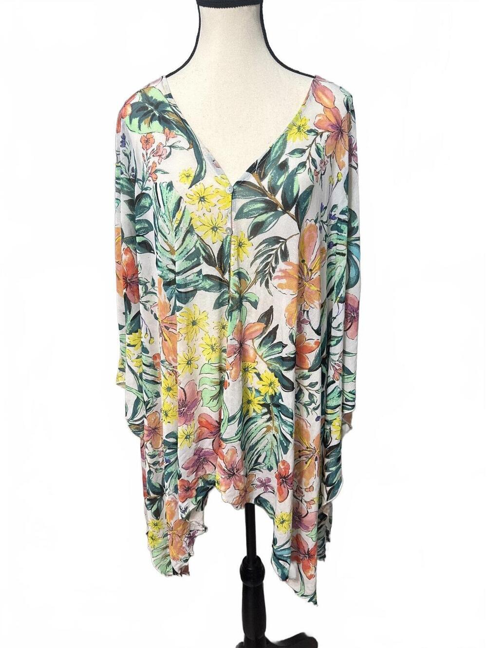 Cha Cha Vente Tropical Floral Mesh Kimono Cardigan Swim Cover Up 2X Asymmetrical
